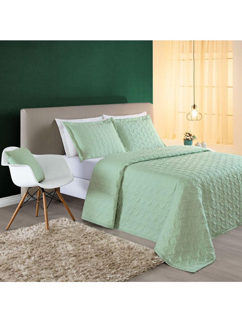 Kit cobre leito colcha desirée casal bordado micropercal 200 fios 3 peças - verde