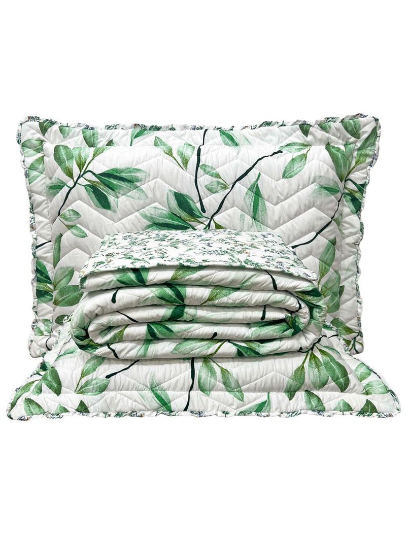 Kit cobre leito colcha classics queen dupla face percal 300 fios estampado 3 peças - flores verde