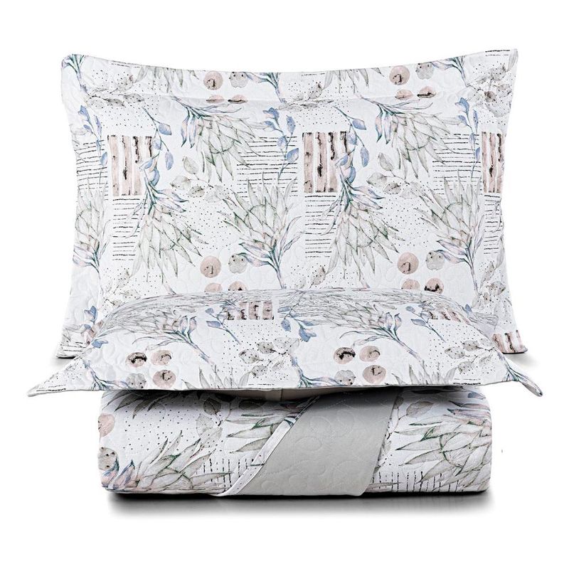 Kit cobre leito colcha maris king estampado dupla face percalle 200 fios 3 peças protea cinza