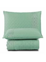 Kit cobre leito colcha bouclê casal padrão laise bordada micropercal 200 fios 3 peças - verde salvia