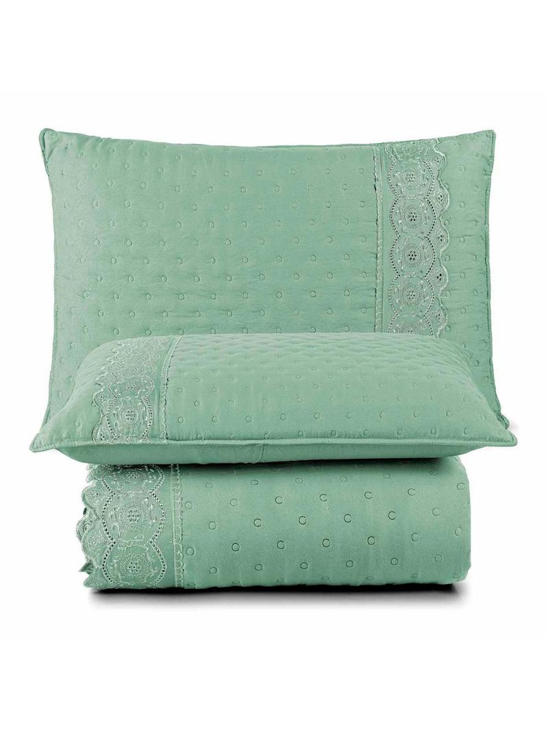 Kit cobre leito colcha bouclê casal padrão laise bordada micropercal 200 fios 3 peças - verde salvia