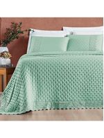 Kit cobre leito colcha bouclê casal padrão laise bordada micropercal 200 fios 3 peças - verde salvia