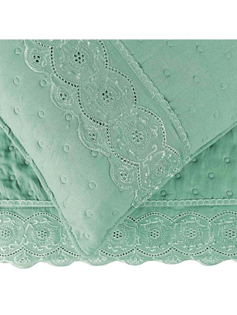 Kit cobre leito colcha bouclê casal padrão laise bordada micropercal 200 fios 3 peças - verde salvia