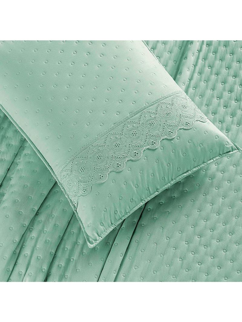 Kit cobre leito colcha bouclê casal padrão laise bordada micropercal 200 fios 3 peças - verde salvia