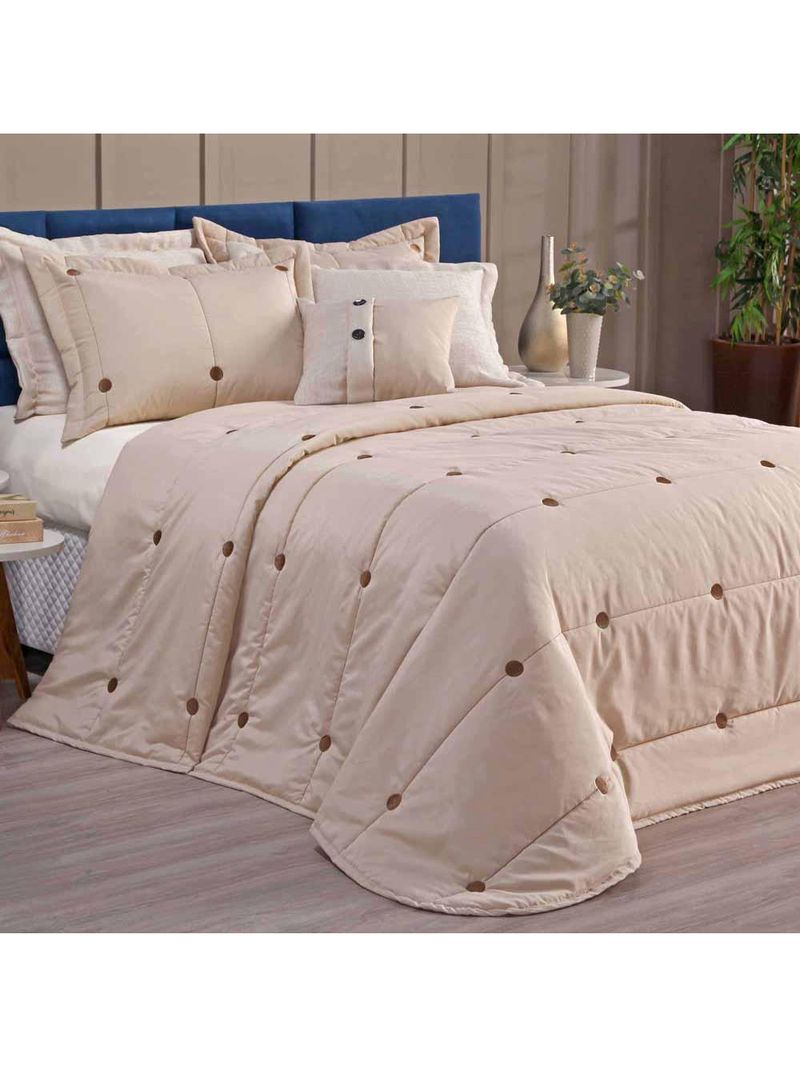 Kit cobre leito colcha button queen 200 fios bordado 7 peças - avelã