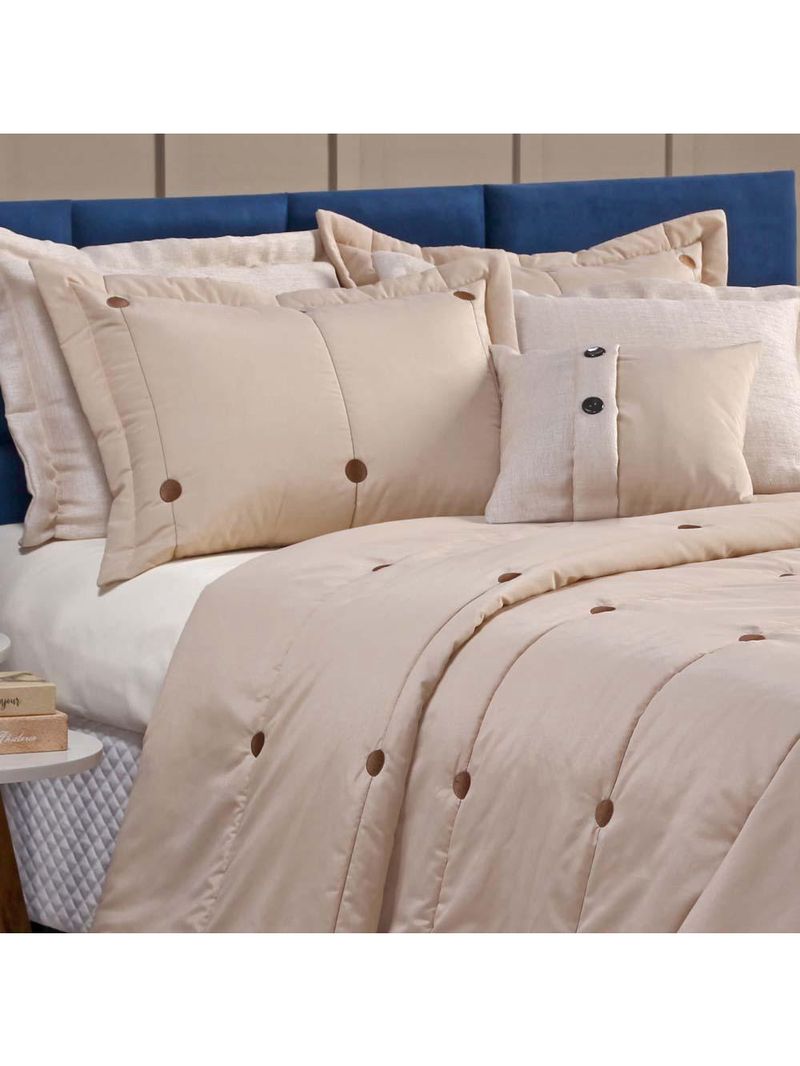 Kit cobre leito colcha button queen 200 fios bordado 7 peças - avelã