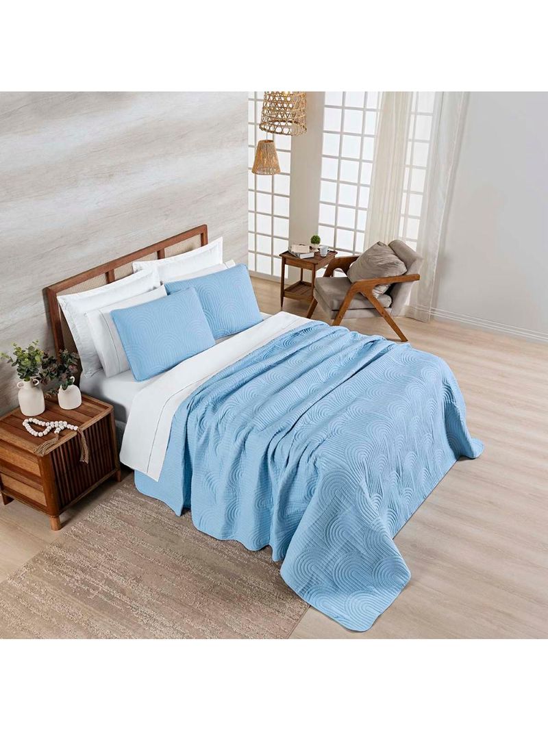 Kit cobre leito colcha arcos casal padrão dupla face matelado 200 fios 3 peças azul claro