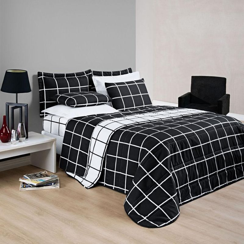 Kit cobre leito colcha brooklyn king quadriculado micropercal 200 fios 3 peças - preto