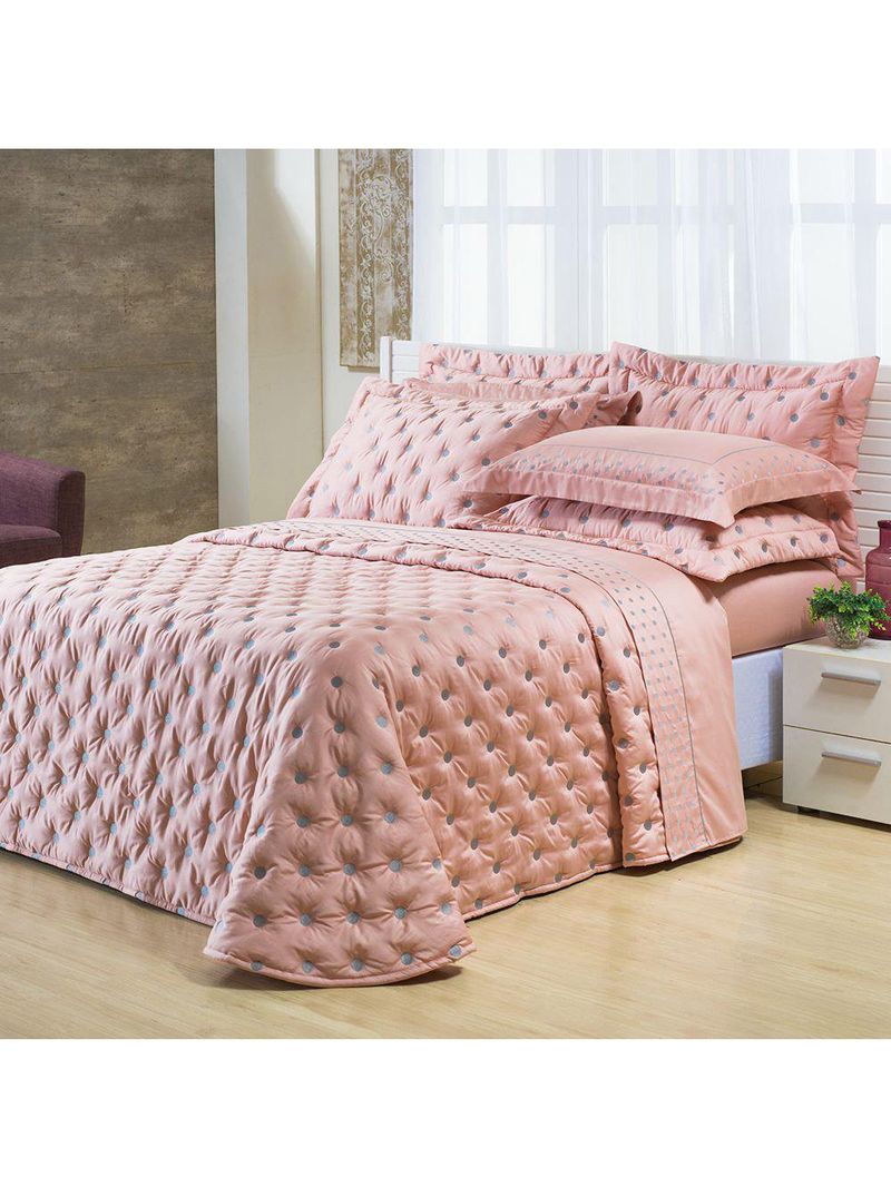 Kit cobre leito colcha garland queen 100% algodão 400 fios acetinado bordado 5 peças - rosê e cinza