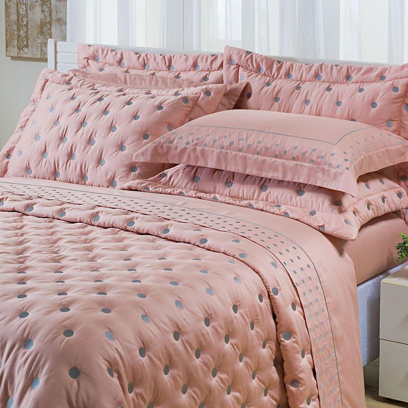 Kit cobre leito colcha garland queen 100% algodão 400 fios acetinado bordado 5 peças - rosê e cinza