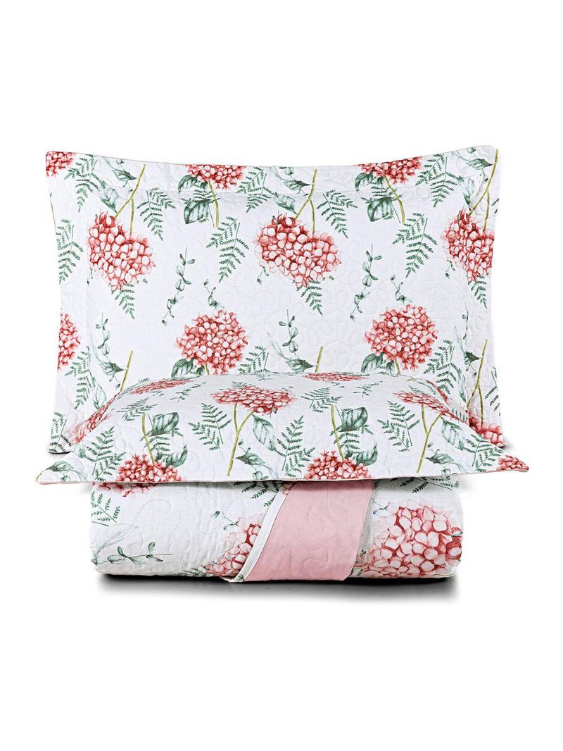 Kit cobre leito colcha maris queen estampado dupla face percalle 200 fios 3 peças hortênsia salmão