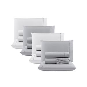 Kit c/ 4 jogos cama lençol unique casal padrão micro percal 400 fios ponto palito 4 peças - cinza + branco