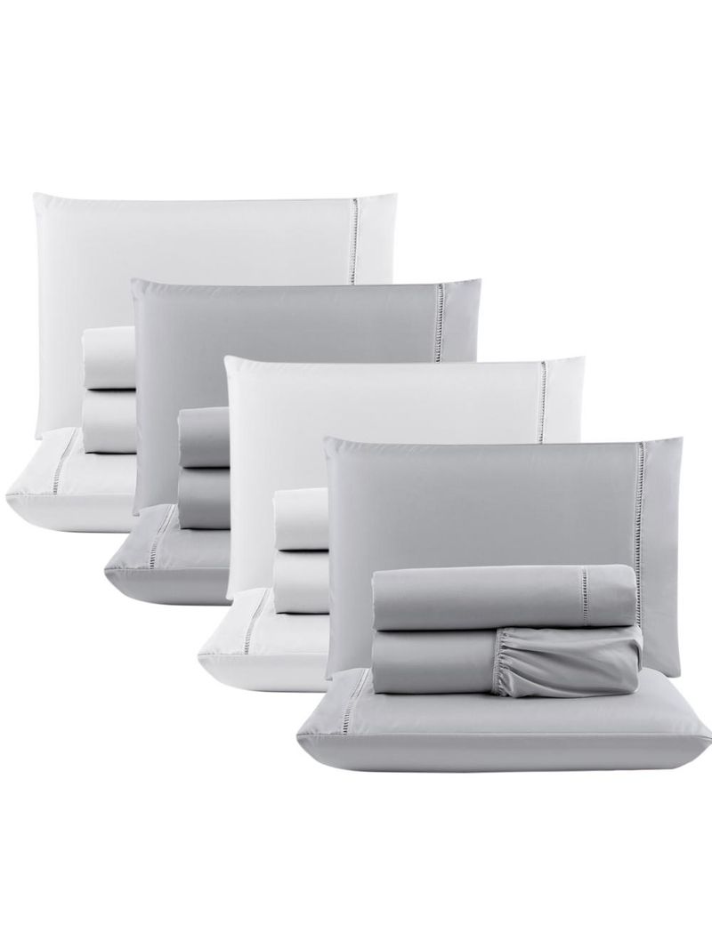 Kit c/ 4 jogos cama lençol unique casal padrão micro percal 400 fios ponto palito 4 peças - cinza + branco