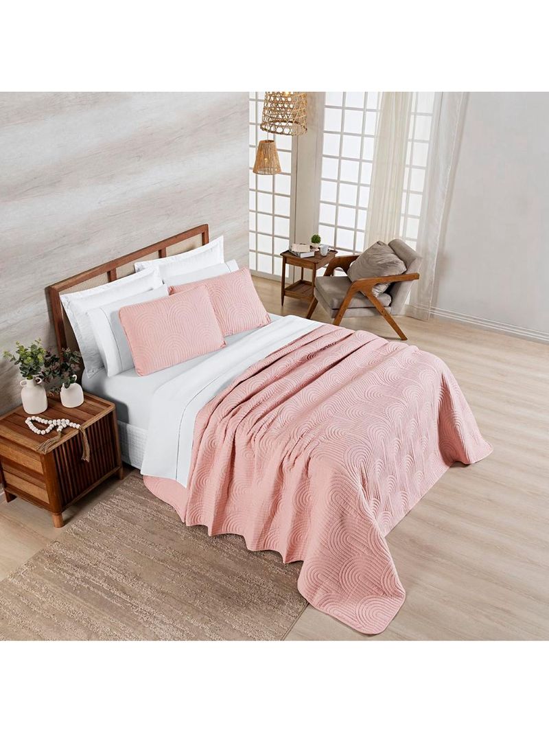 Kit cobre leito colcha arcos casal padrão dupla face matelado 200 fios 3 peças rosa