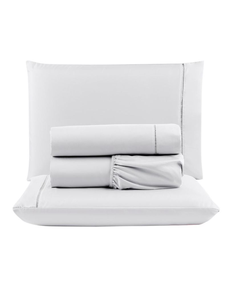 Kit c/ 4 jogos cama lençol unique casal padrão micro percal 400 fios ponto palito 4 peças - cinza + branco