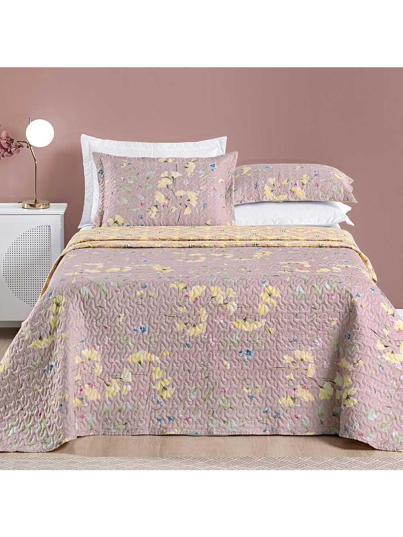 Kit cobre leito colcha dallas casal padrão dupla face estampada 3 peças - rosê lavanda floral