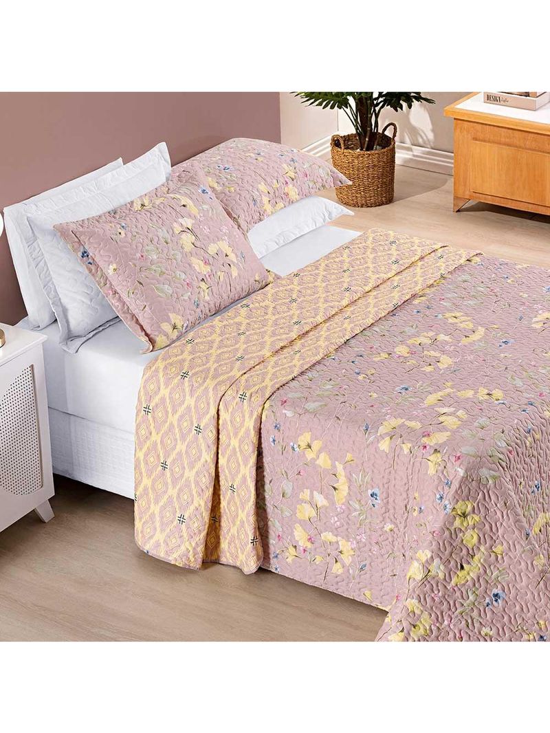 Kit cobre leito colcha dallas casal padrão dupla face estampada 3 peças - rosê lavanda floral