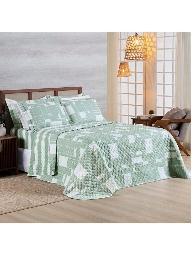 Kit cobre leito colcha belle casal padrão estampado dupla face 400 fios 3 peças quadriculado verde