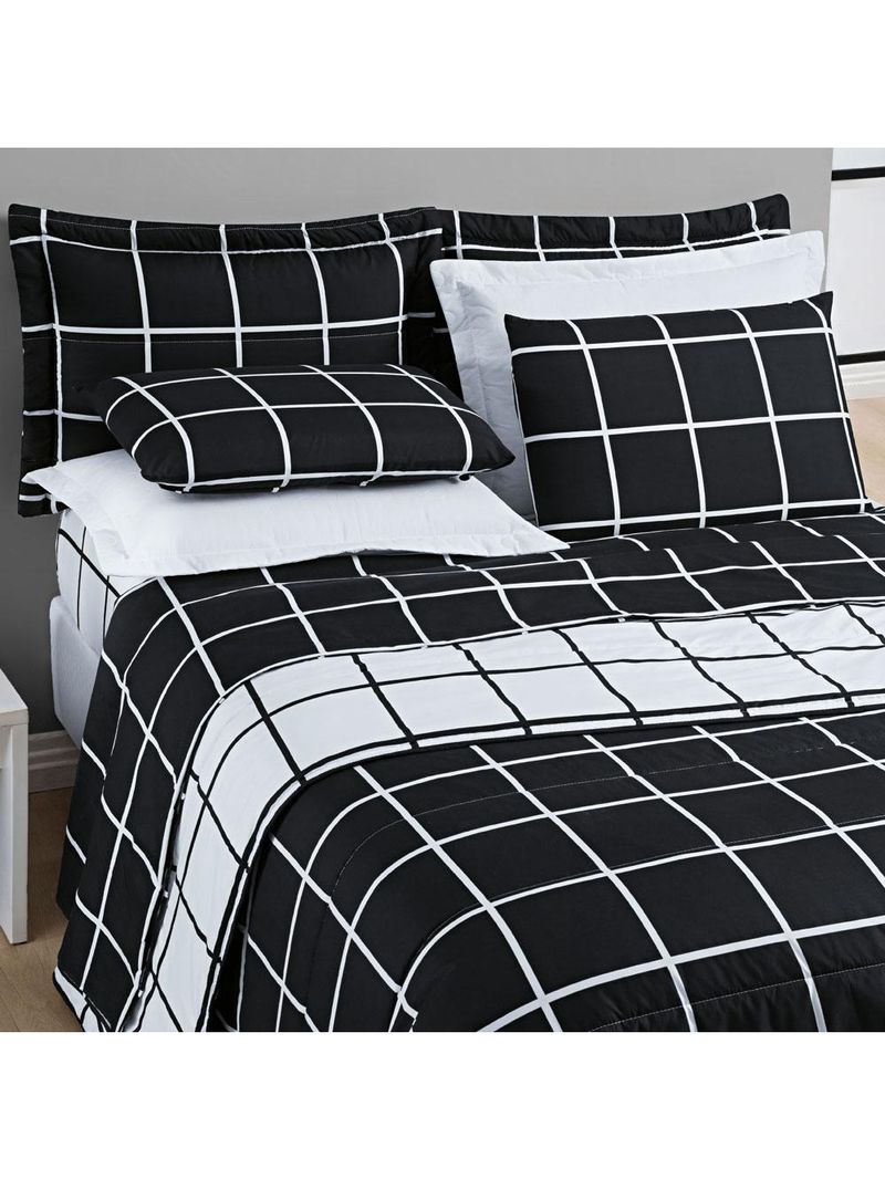 Kit cobre leito colcha brooklyn queen quadriculado micropercal 200 fios 3 peças - preto
