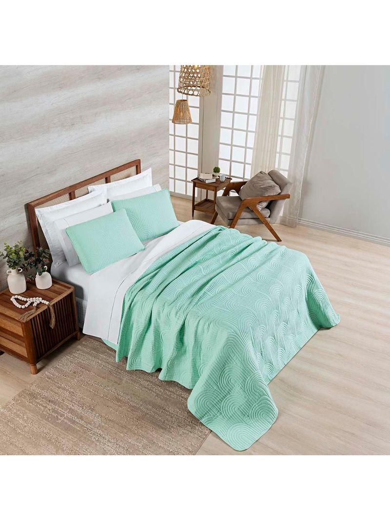 Kit cobre leito colcha arcos king dupla face matelado 200 fios 3 peças verde