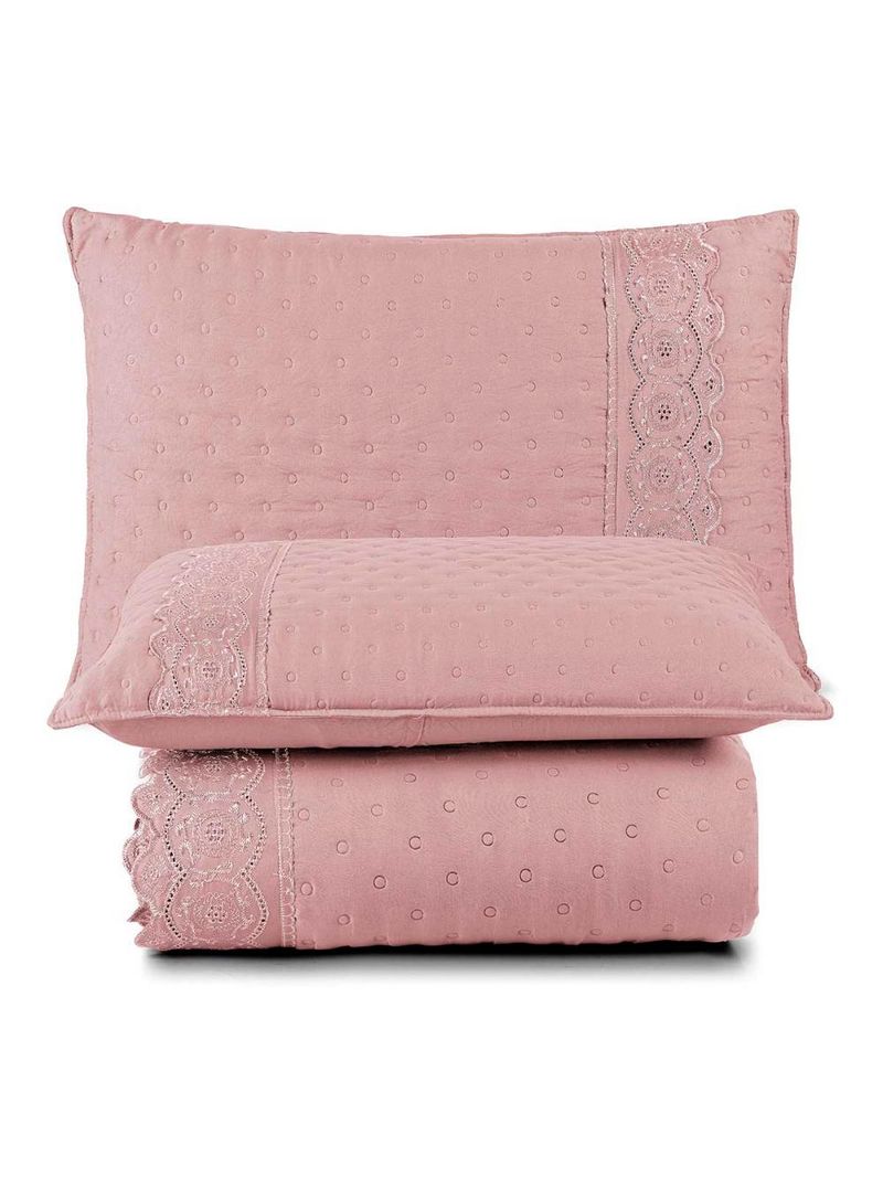 Kit cobre leito colcha bouclê casal padrão laise bordada micropercal 200 fios 3 peças - sal rosa