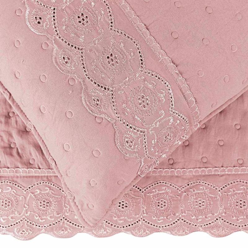 Kit cobre leito colcha bouclê casal padrão laise bordada micropercal 200 fios 3 peças - sal rosa