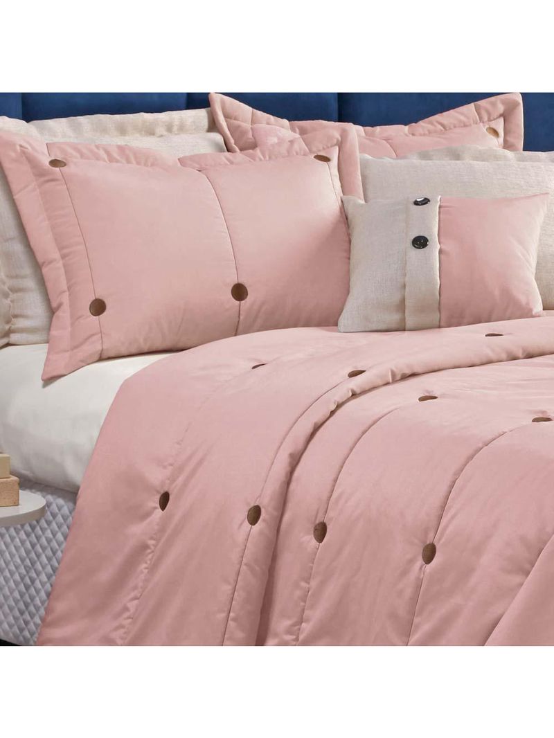 Kit cobre leito colcha button queen 200 fios bordado 7 peças - rosê