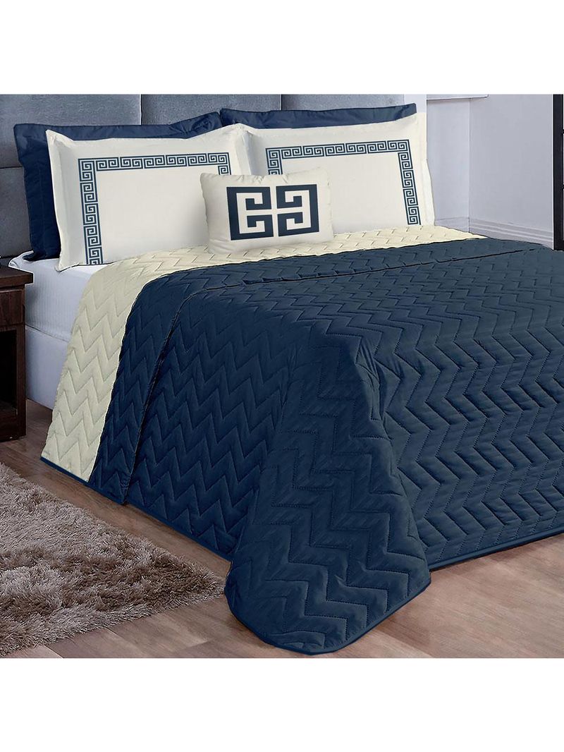 Kit cobre leito colcha mistral queen microfibra dupla face 7 peças - azul marinho