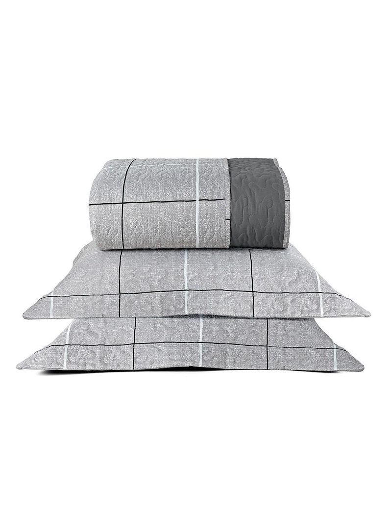 Kit cobre leito colcha celi casal padrão dupla face micropercal 200 fios 3 peças xadrez grid cinza