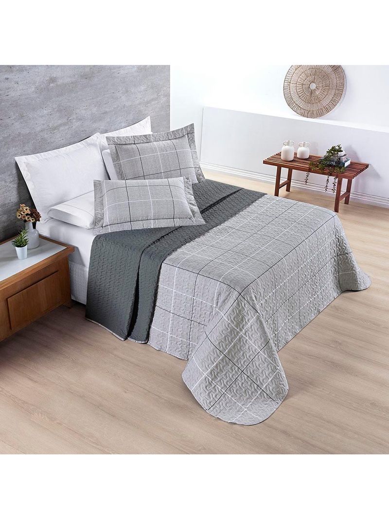 Kit cobre leito colcha celi casal padrão dupla face micropercal 200 fios 3 peças xadrez grid cinza