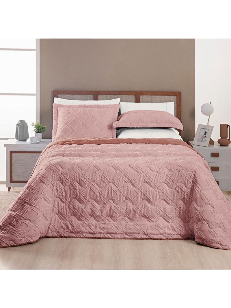 Kit cobre leito colcha adele casal padrão dupla face micropercal 300 fios 3 peças - rosê