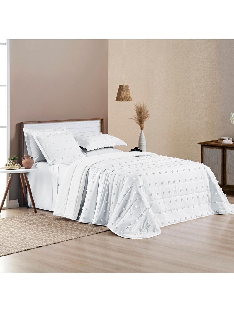 Kit cobre leito colcha alexa pompom casal padrão dupla face micropercal 3 peças - branco