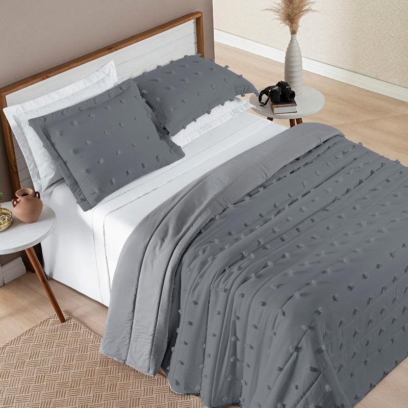 Kit cobre leito colcha alexa pompom queen dupla face micropercal 3 peças - cinza