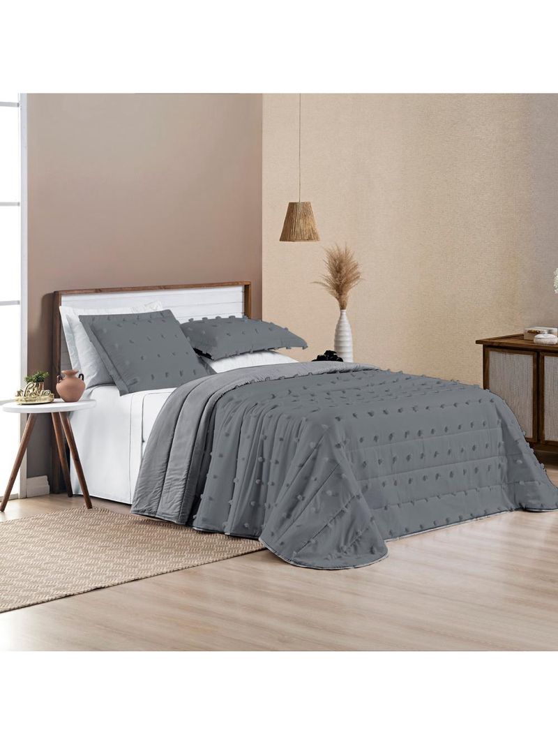 Kit cobre leito colcha alexa pompom queen dupla face micropercal 3 peças - cinza