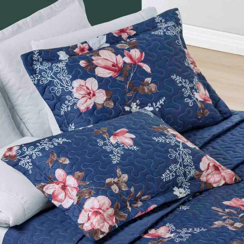 Kit cobre leito colcha celi queen dupla face micropercal 200 fios 3 peças - azul marinho floral