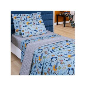 Kit 5 peças fantasy = colcha solteiro infantil + jogo de lençol - games azul