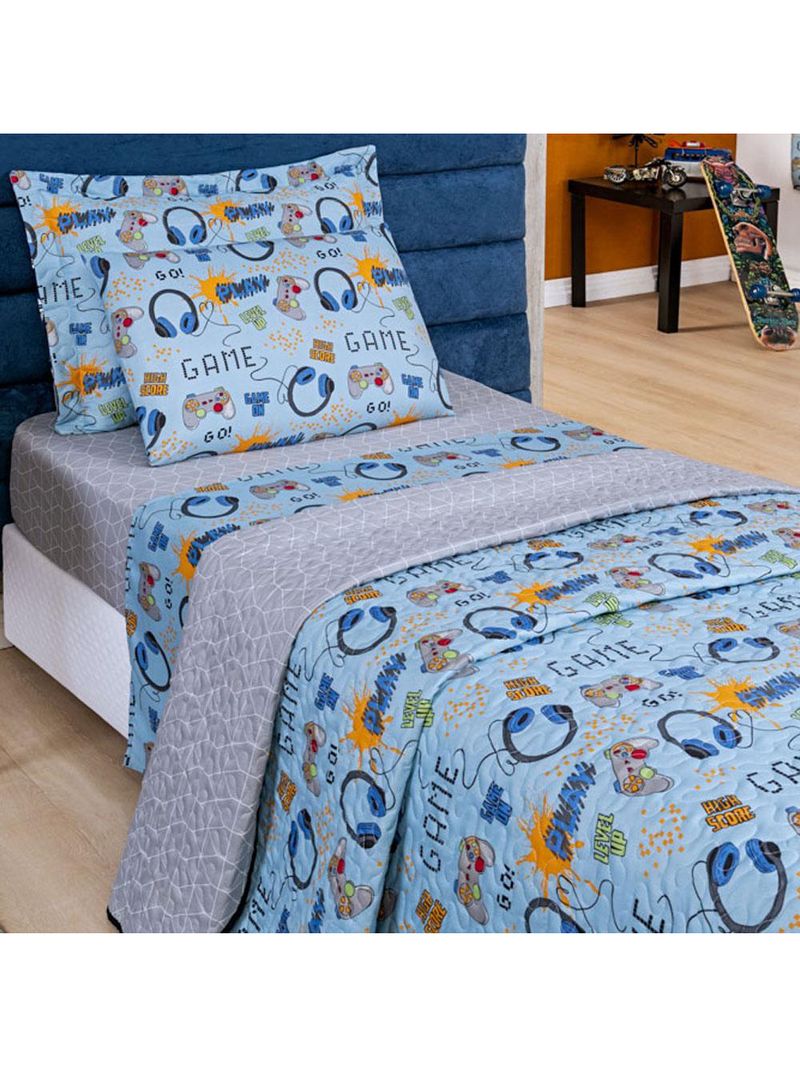 Kit 5 peças fantasy = colcha solteiro infantil + jogo de lençol - games azul