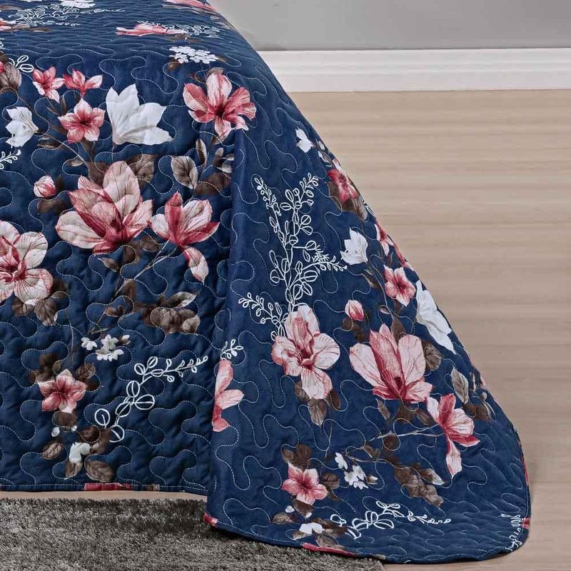 Kit cobre leito colcha celi queen dupla face micropercal 200 fios 3 peças - azul marinho floral