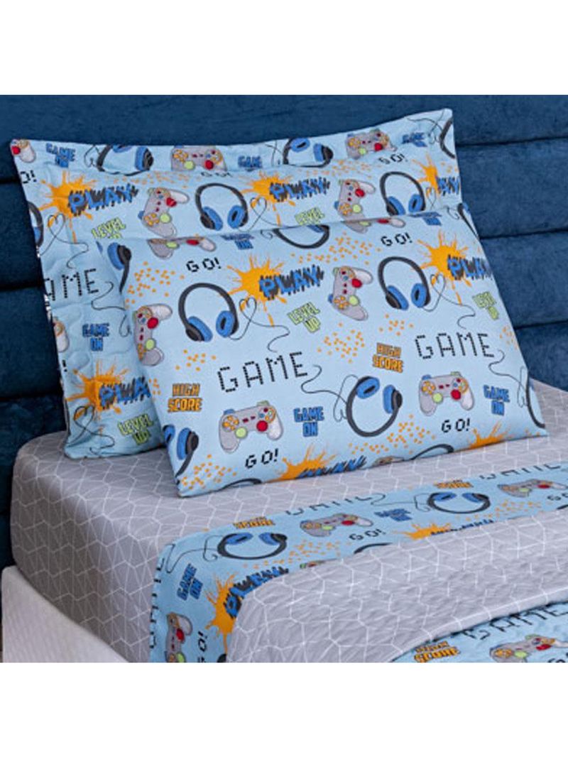 Kit 5 peças fantasy = colcha solteiro infantil + jogo de lençol - games azul