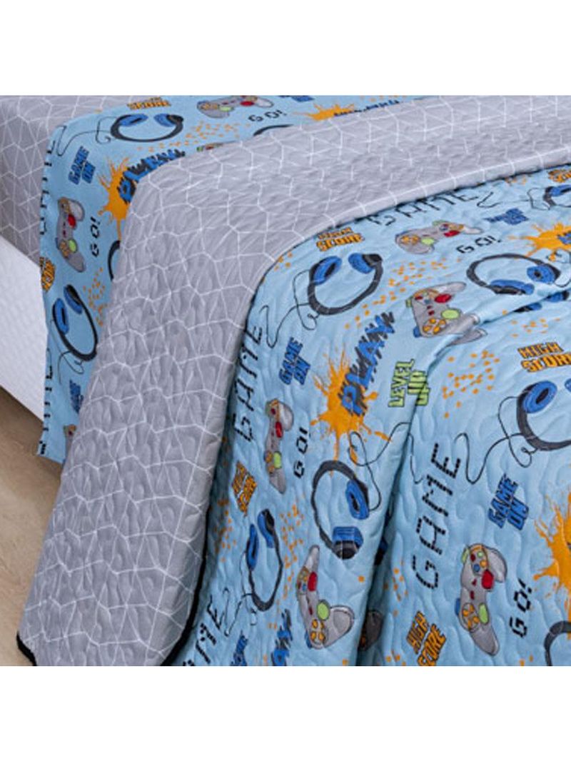 Kit 5 peças fantasy = colcha solteiro infantil + jogo de lençol - games azul