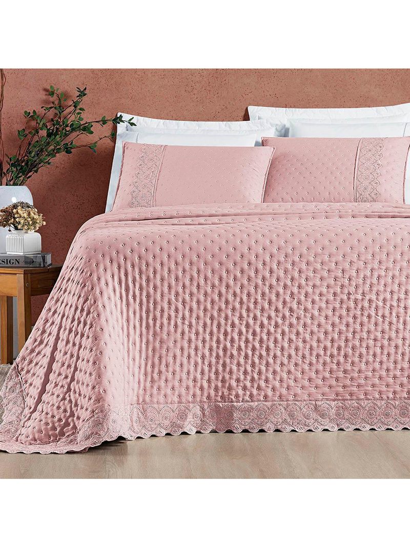 Kit cobre leito colcha bouclê queen laise bordada micropercal 200 fios 3 peças - sal rosa