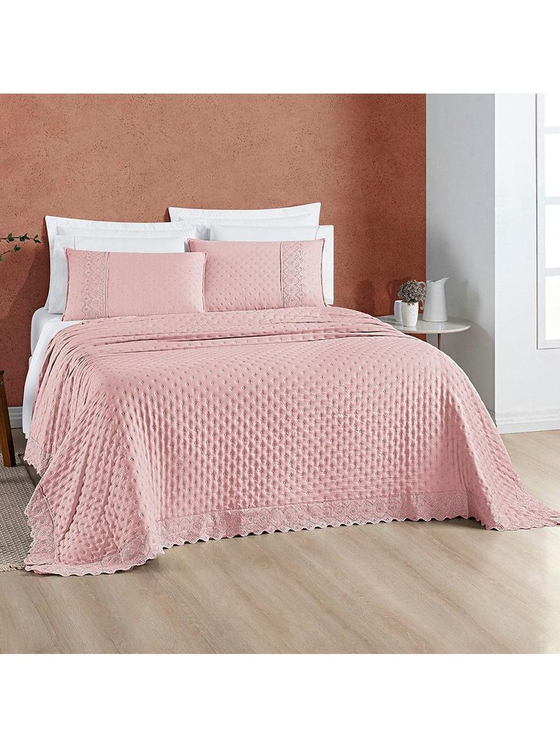 Kit cobre leito colcha bouclê queen laise bordada micropercal 200 fios 3 peças - sal rosa
