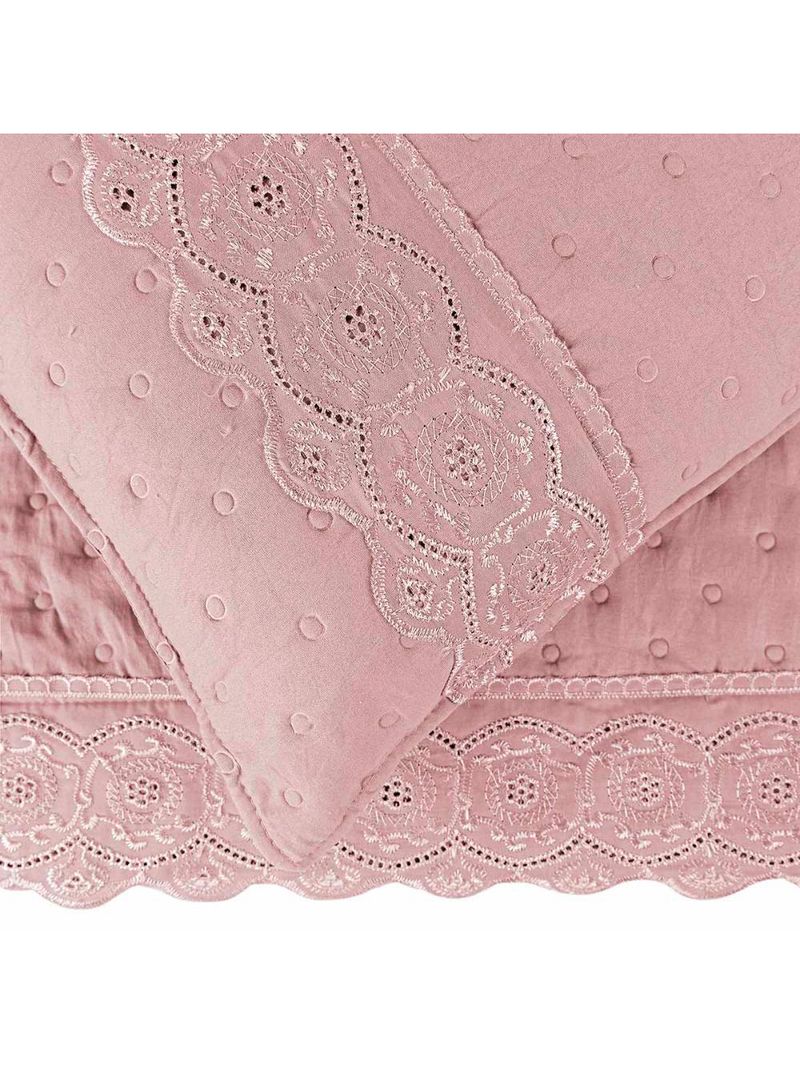 Kit cobre leito colcha bouclê queen laise bordada micropercal 200 fios 3 peças - sal rosa