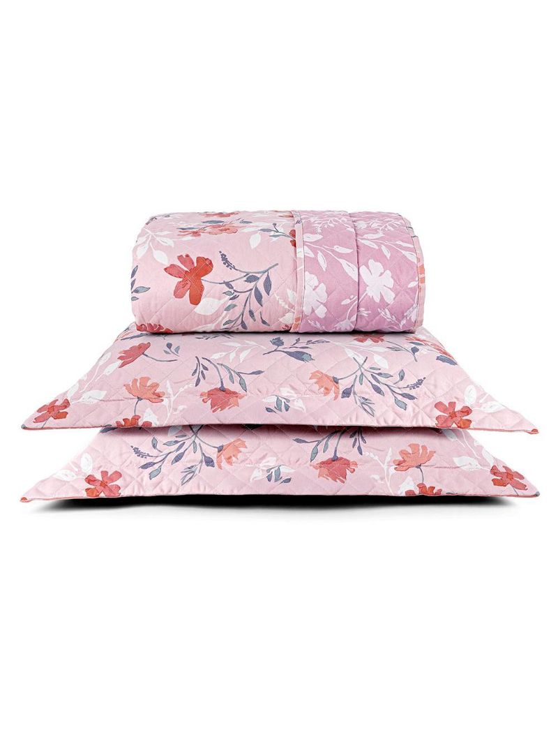 Kit cobre leito colcha belle casal padrão estampado dupla face 400 fios 3 peças floral rosê