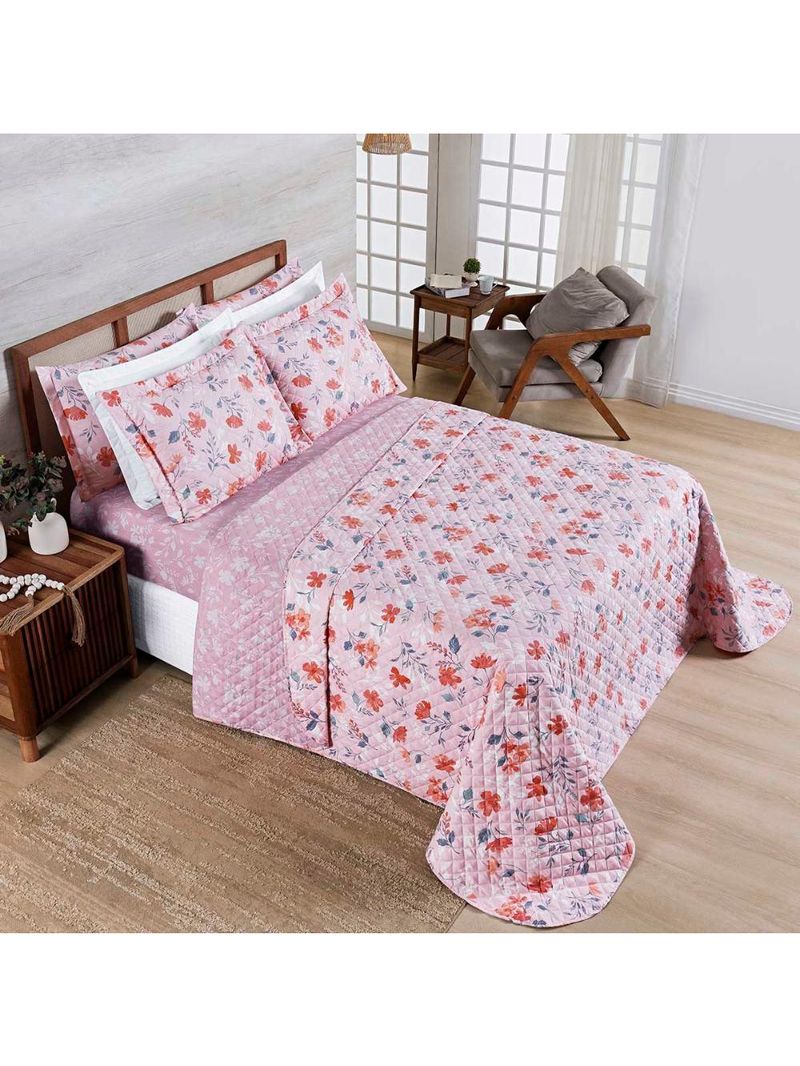 Kit cobre leito colcha belle casal padrão estampado dupla face 400 fios 3 peças floral rosê