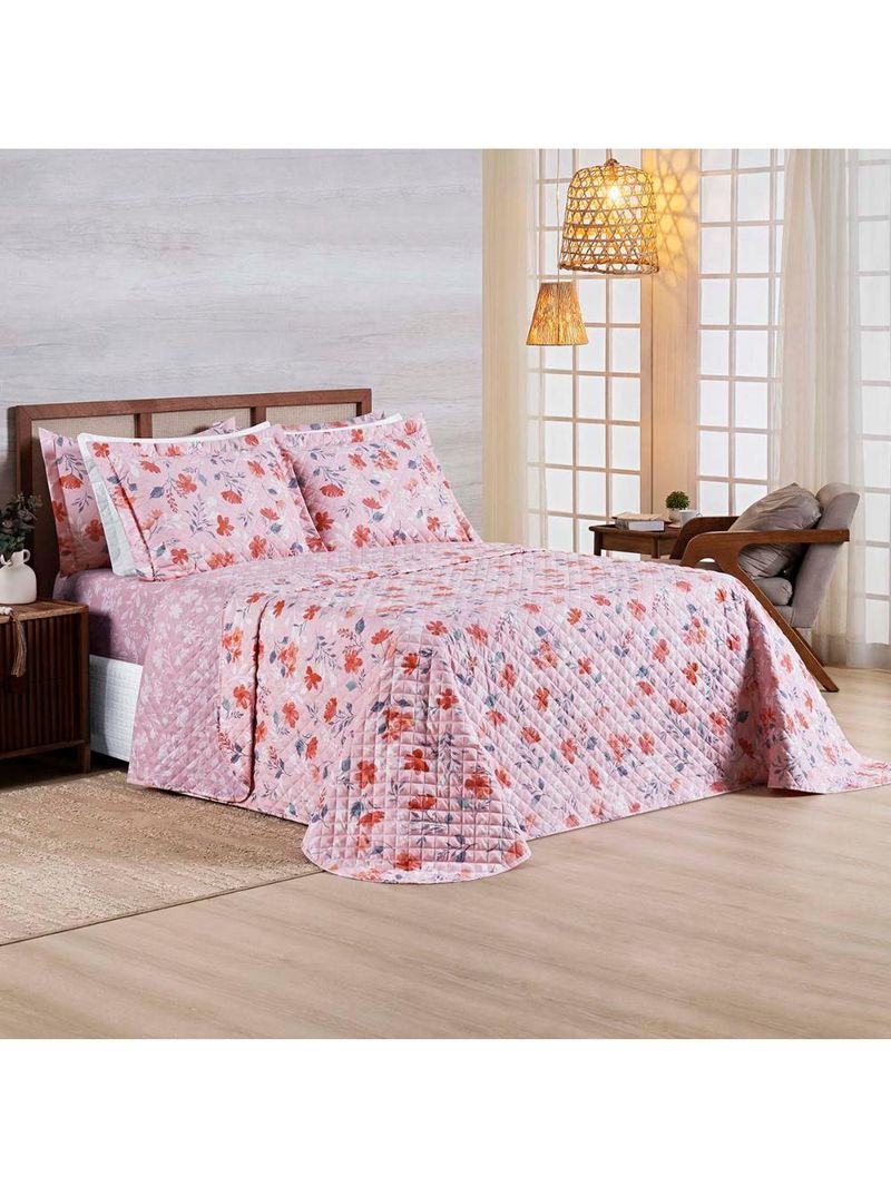Kit cobre leito colcha belle casal padrão estampado dupla face 400 fios 3 peças floral rosê