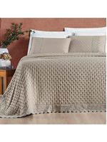 Kit cobre leito colcha bouclê casal padrão laise bordada micropercal 200 fios 3 peças - bege taupe