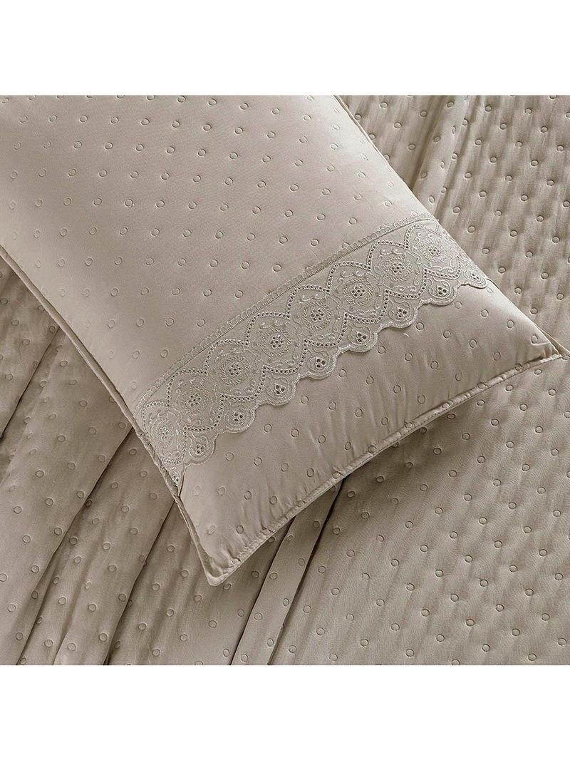 Kit cobre leito colcha bouclê casal padrão laise bordada micropercal 200 fios 3 peças - bege taupe