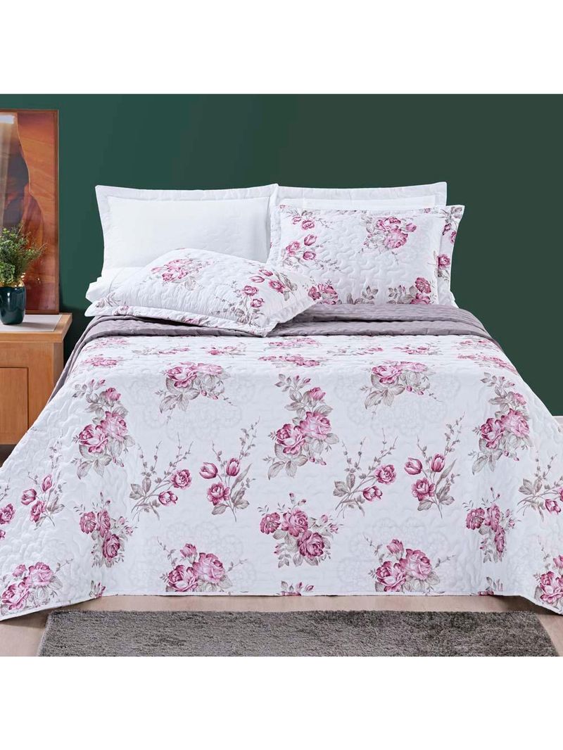 Kit cobre leito colcha celi casal padrão dupla face micropercal 200 fios 3 peças - palha florido