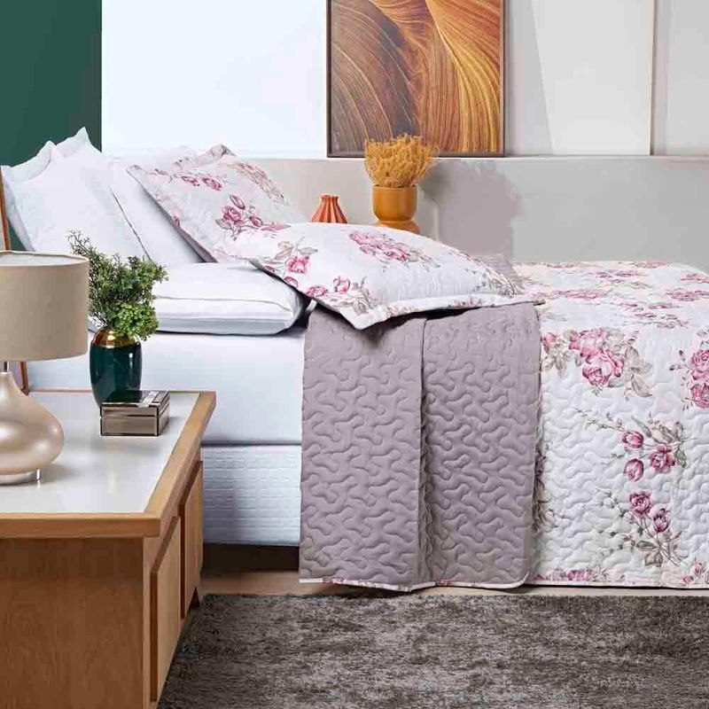 Kit cobre leito colcha celi casal padrão dupla face micropercal 200 fios 3 peças - palha florido